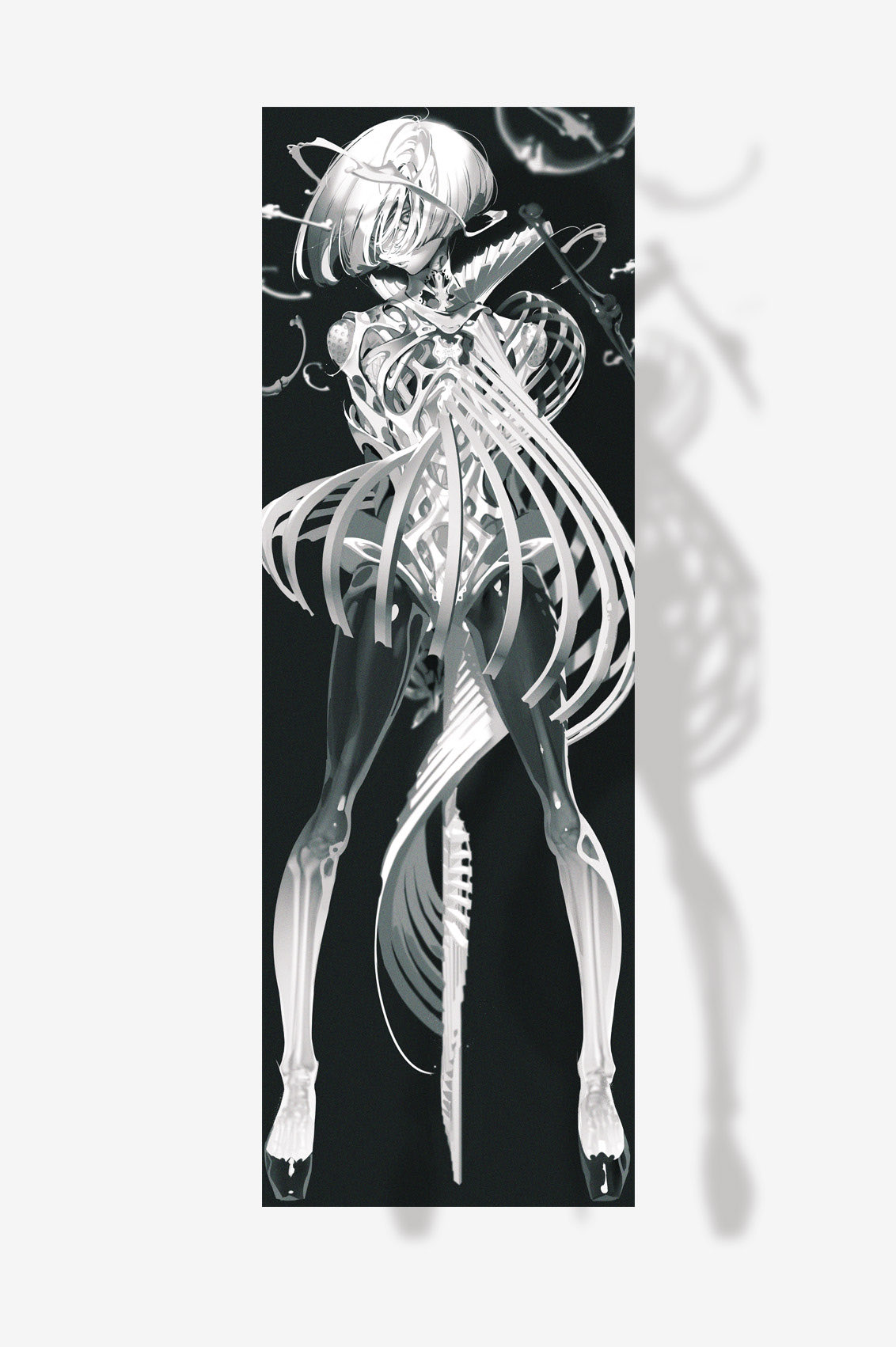 the image showcases a striking, stylized female figure against a stark black background.  her anatomy is a captivating fusion of human and skeletal elements, with sleek, bonelike structures replacing parts of her limbs and torso.  her outfit, if it can be called that, appears to be an extension of these skeletal elements, forming an intricate and flowing design around her body. the art style is sleek and futuristic, suggesting a world of advanced technology and perhaps even a transhumanist society.  the lighting is dramatic and contrasting, highlighting the figure's form and the intricate details of her skeletal structure.
