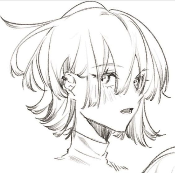 the image is a black and white, slightly angled,  line art drawing of a girl with short, messy hair. the style appears to be heavily influenced by anime and manga. the sketch focuses on her face and neck, giving a sense of her hairstyle and capturing her expression. the line weight varies to add depth and detail.