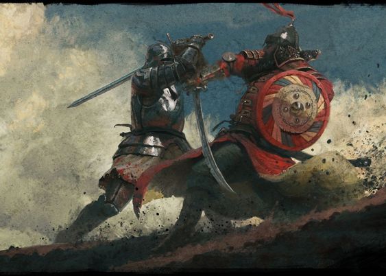 two warriors locked in a fierce battle. one warrior, clad in silver armor, lunges forward with a sword, while the other, adorned in red and wielding a scimitar and shield, defends. the scene is set against a backdrop of a cloudy sky, and the ground is a whirlwind of dust and debris.