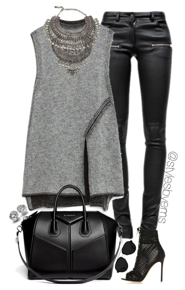 this is a fashion outfit for a woman. it includes a grey sweater, black leather pants, black heels, a black purse and silver necklace.