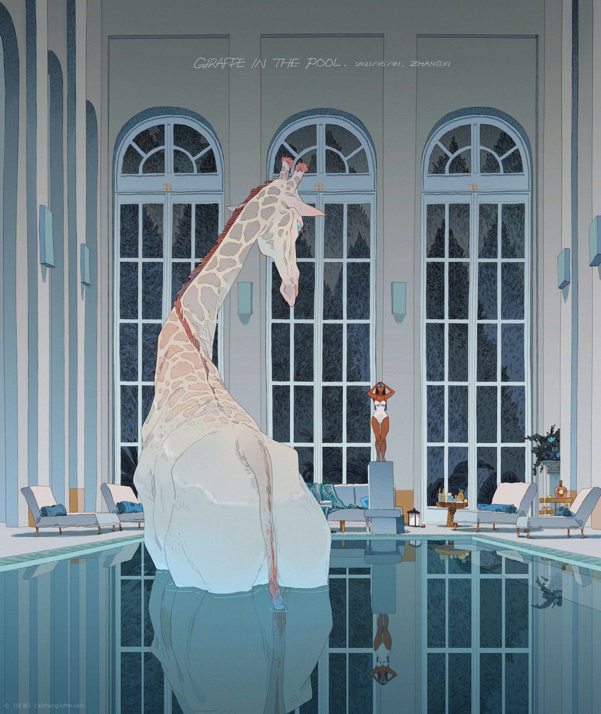 this surreal illustration depicts a giraffe standing partially submerged in a luxurious indoor swimming pool. the giraffe is facing away from the viewer, its long neck bent backward towards the water. a woman in a white bathing suit stands on a platform at the edge of the pool, looking at the giraffe. the room is adorned with large windows, elegant furniture, and a modern design. the giraffe's reflection is visible in the water, adding to the dreamlike quality of the artwork.