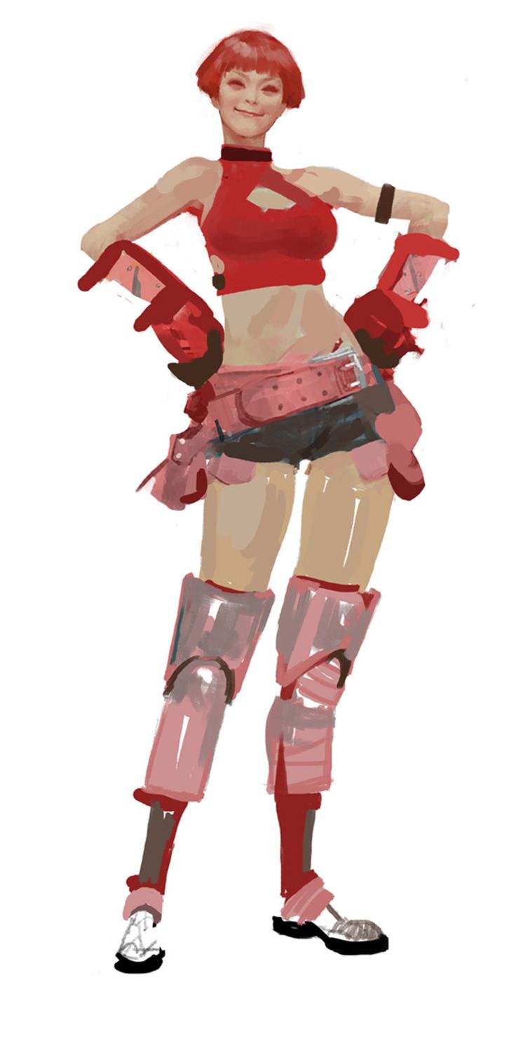 a digital painting of a female warrior in pink and red. she has red hair and is smiling confidently. she is wearing short pink shorts, red boots, and a red top. she is standing with her legs slightly apart and her hands on her hips.
