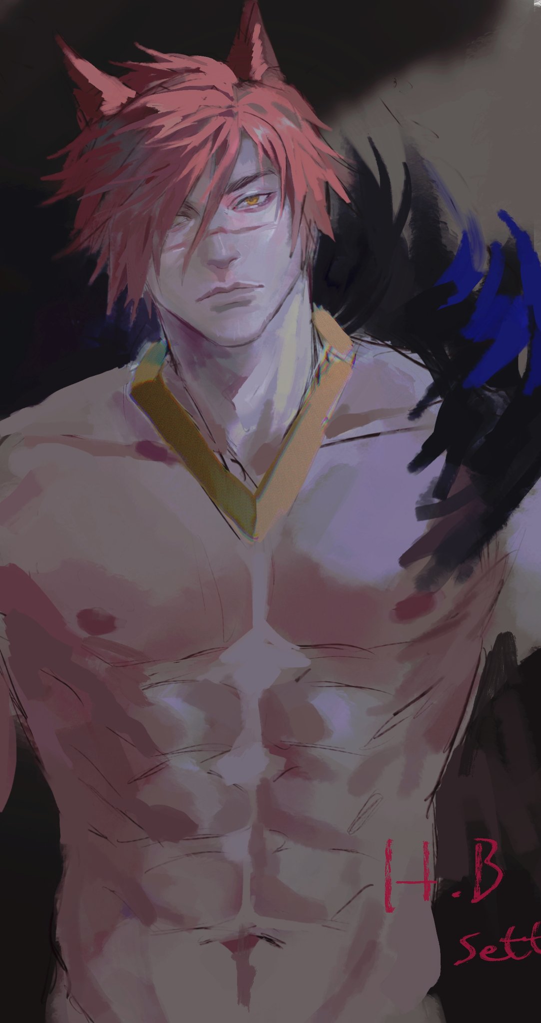 a closeup illustration of an anime style character with red hair and sharp, demon eyes. the character has a muscular build and is shirtless, with a yellow and gold scarf around his neck. he is drawn in a fantasyinspired style, with a dark, shadowy background and details of fangs. the illustration is in the style of anime and manga.