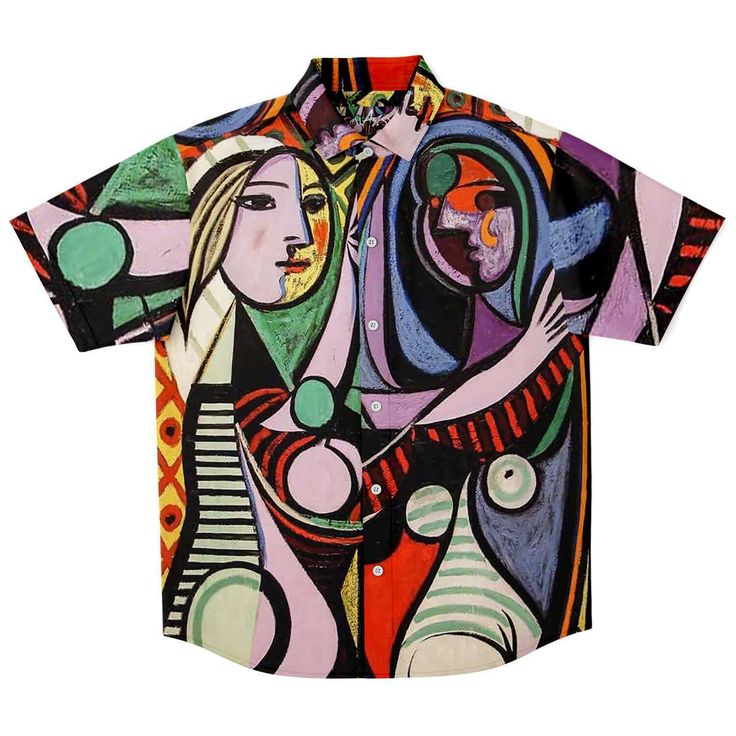 the image shows a shortsleeved buttondown shirt featuring an abstract design reminiscent of picasso's cubist style. the shirt is vividly colored and incorporates various geometric shapes and figures.