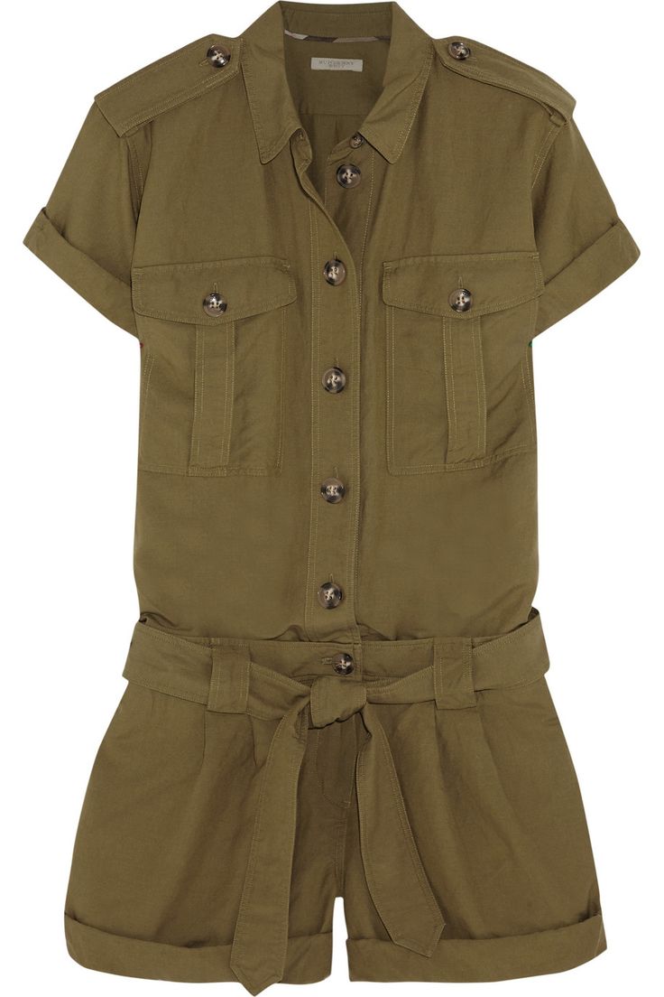 a green utility jumpsuit with short sleeves, button front, pockets, and a wide belt.