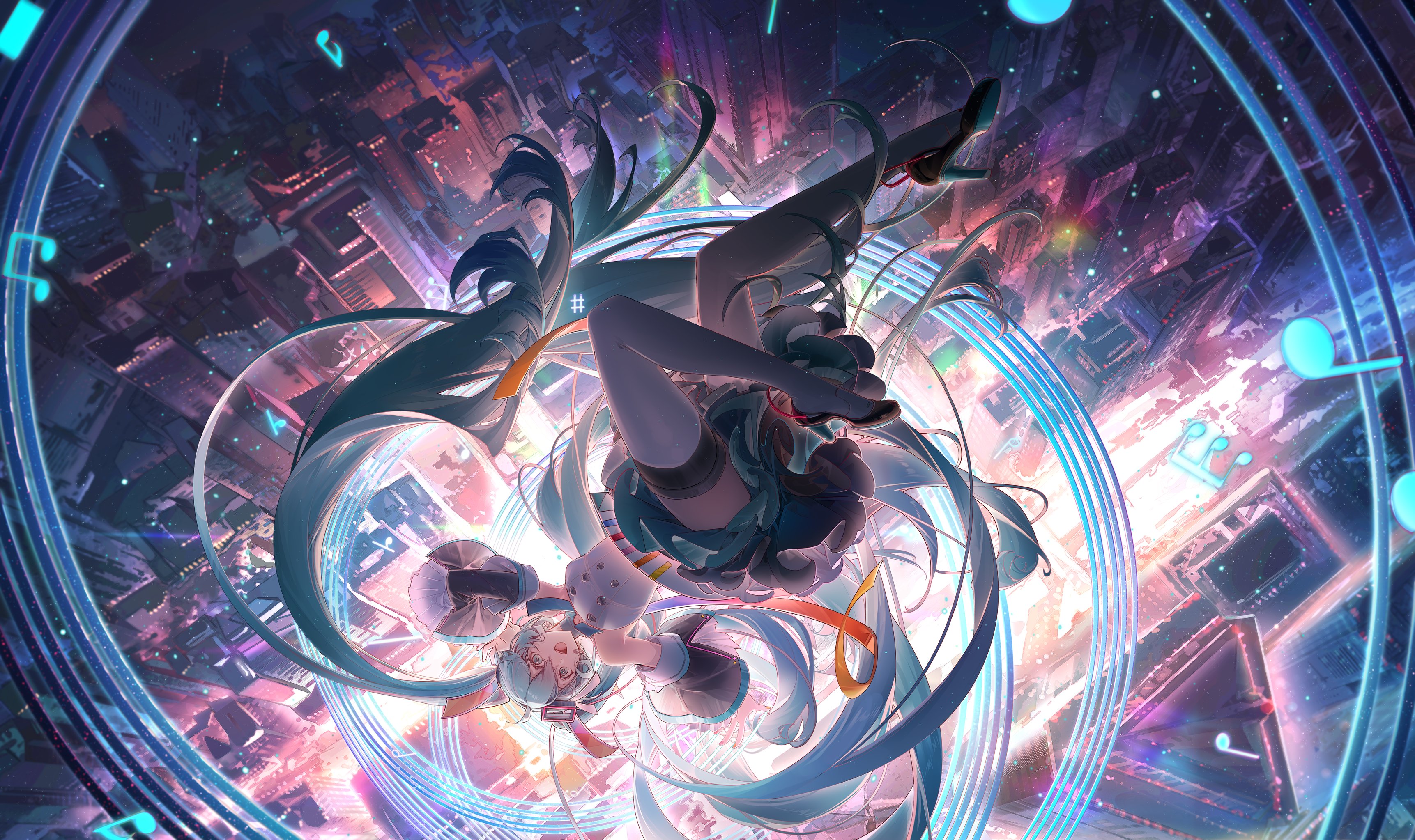 the image is a vibrant digital illustration of hatsune miku, a popular vocaloid character, floating in a dynamic, swirling cityscape at night.  miku's long, bright blue hair flows around her as she appears to be suspended in midair, surrounded by glowing circles and music notes. the city below is depicted with a mix of warm and cool colors, creating a futuristic and fantastical atmosphere. the overall style is highly stylized and expressive, emphasizing movement and energy.