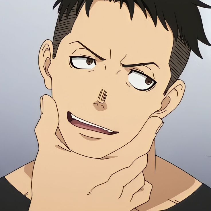 this is a closeup drawing of a cartoon man with short black hair. he has a dark eyebrow on each eye, and the right one is arched upwards. his right eye is open and glancing to the right, the left eye is squinted closed. the left hand is holding the right side of his chin, and his lips are parted in a smile with his front teeth showing. the background is a light gray.