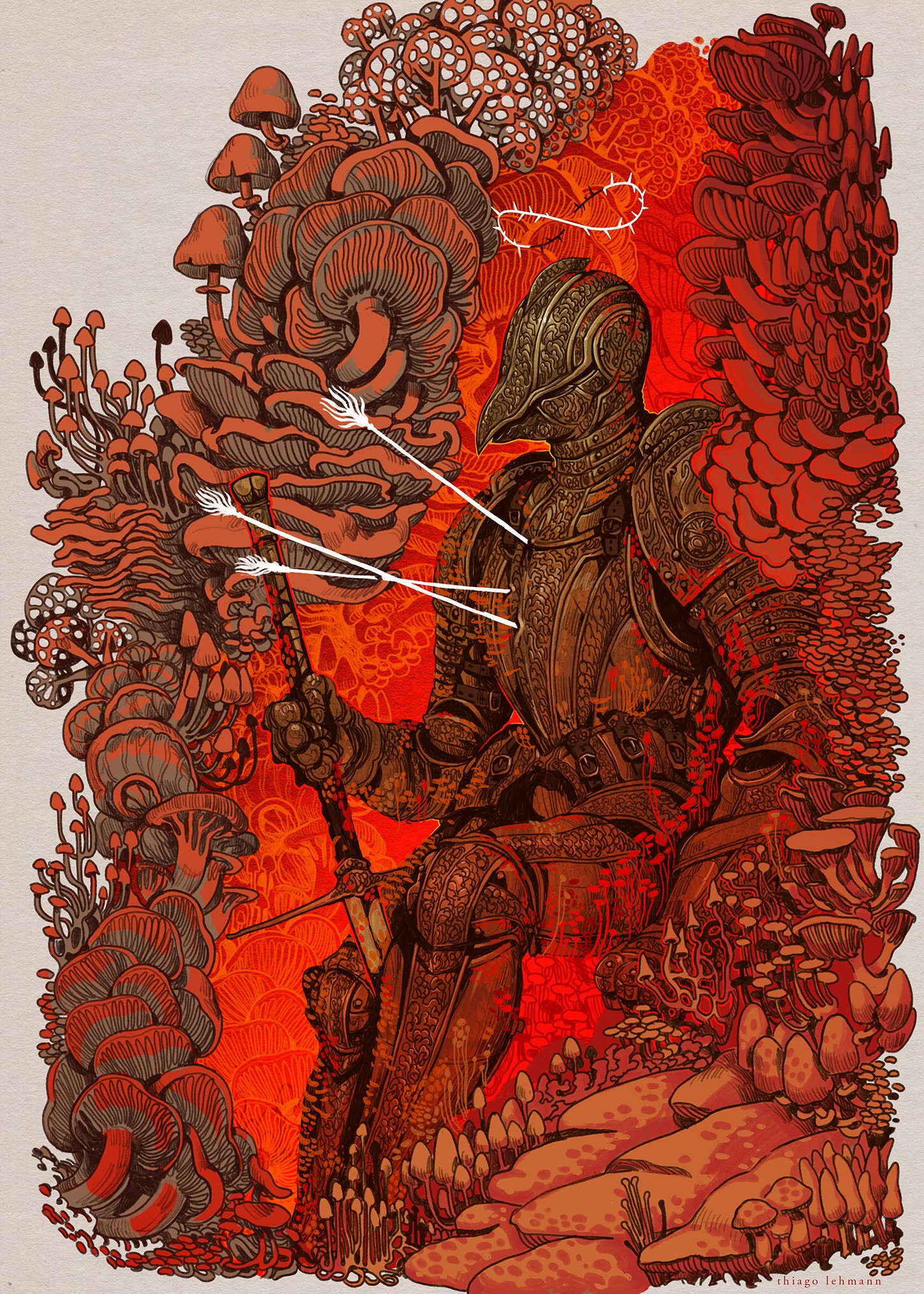 he image is a digital painting depicting a knight in full plate armor seated amidst a vibrant, surreal forest of red and orange mushrooms. the knight holds a large spear or sword.  arrows are piercing the knight's armor, and a faint halo is visible above their head. the style is dark fantasy, with highly detailed and intricate textures and shading throughout the piece. the overall color palette is warm and intense, creating a dramatic and otherworldly atmosphere. the mushrooms are depicted in a wide variety of shapes and sizes, creating a sense of depth and density. the knight appears stoic and resolute, their expression unseen behind their helmet. the overall effect is one of mystery and wonder.