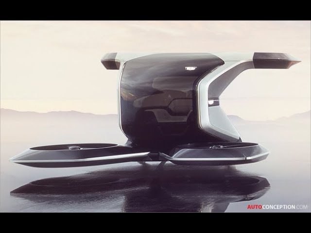this image showcases a futuristic flying car concept. the vehicle, depicted in a sleek, silver and black design, features a distinctive aerodynamic shape with two propellers on the sides for lift and propulsion. the car is positioned in a seemingly barren landscape with its reflection visible on the smooth surface below. the image portrays a vision of a sleek, innovative transportation solution in a futuristic setting.