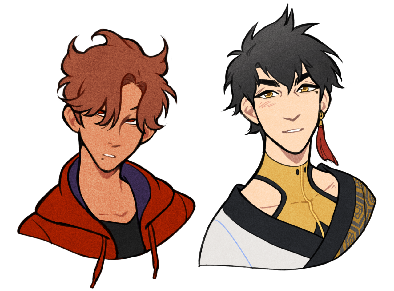 a digital illustration of two men, likely from a fandom. the image features two bustup portraits positioned sidebyside. the left character has reddishbrown hair and wears a red hoodie over a purple shirt. the right character has black hair and wears an elaborate black, yellow, and white outfit with a red tassel earring. both characters are stylized in a manner reminiscent of anime or manga. the lighting is soft and the background is white.