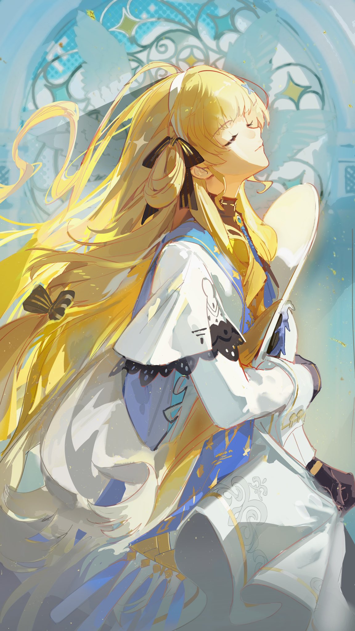 a digitally drawn animestyle image of a woman with blonde hair, wearing a white and blue outfit. she has a black ribbon in her hair and a butterfly resting on it. the background features a blue and white design with gold accents.