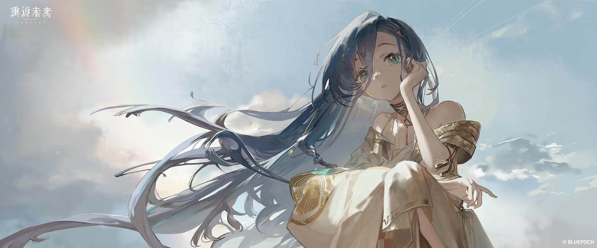 the image is a digital painting or illustration of a young animestyle girl with long, flowing blue hair.  her hair is dramatically styled, appearing to be caught in a gentle breeze.  she is wearing a light beige, almost gauzy dress with gold detailing, and her expression is serene and pensive. she's sitting with her hand resting on her chin, looking off into the distance. the background is a soft, pale blue sky filled with wispy clouds, giving the overall scene an ethereal and dreamlike atmosphere. the artist's signature, bluepoch, is visible in the bottom right corner. the overall style is artistic and evocative, conveying a sense of tranquility and beauty.