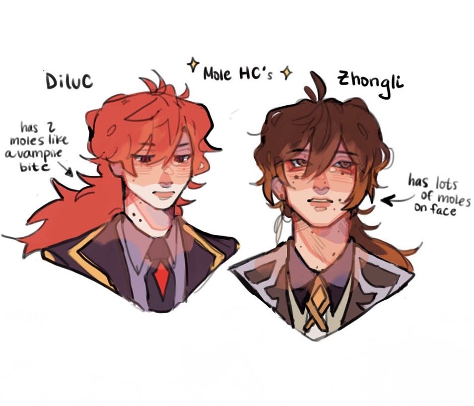 a digital fanart featuring two genshin impact characters, diluc and zhongli, as headshots.  the art style is animeinspired with soft shading and coloring.  text annotations describe headcanons about the characters having moles: diluc having two moles like vampire bites, and zhongli having many moles on his face.  the overall style is informal and friendly.