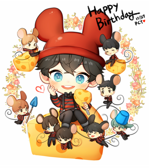 a cartoon image of a character dressed in red and black. the character is wearing a red hat with large mickey mouse ears. the character is surrounded by smaller mouse characters.  the image includes a cheese wedge and a bunch of flowers around the edge. the image has "happy birthday 11/29 pcy" in the upper right corner.
