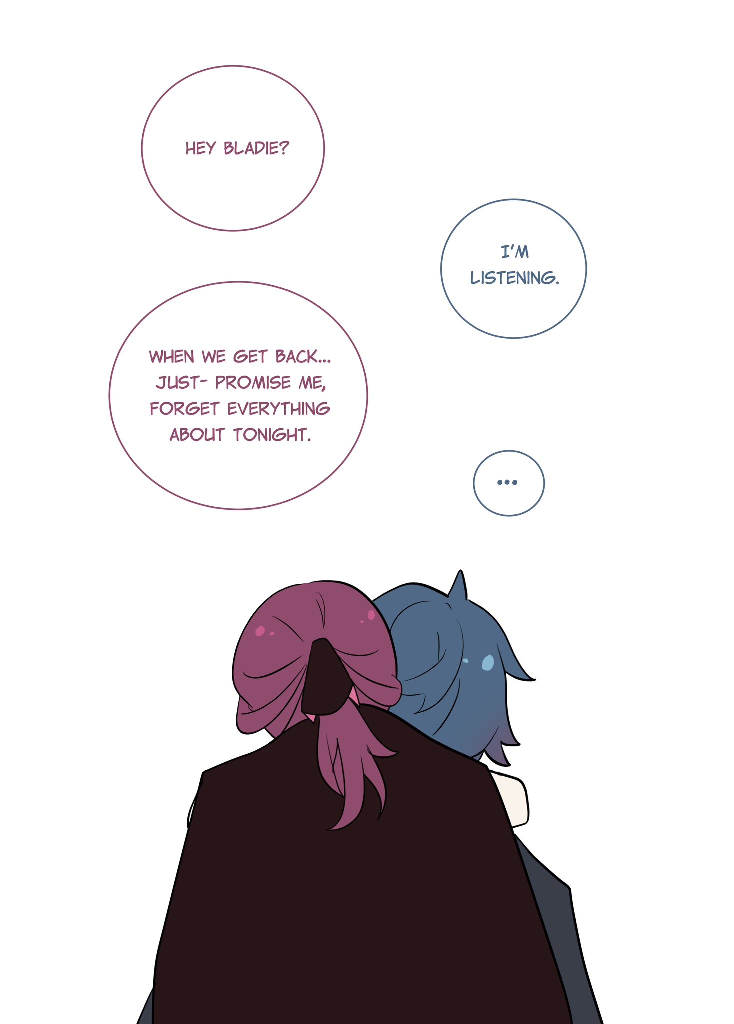 two anime characters are hugging, the girl is facing away and saying to the boy to forget everything about tonight and promise her. the boy is listening to her attentively. they both have speech bubbles saying what they are thinking.