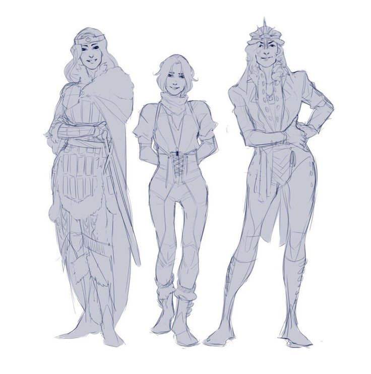 this is a digital sketch of three female fantasy characters. they are drawn in a simple line art style, with blue lines against a white background. two of the characters are wearing elaborate outfits, while the third is wearing a simpler outfit with a corset. all three are standing in different poses and looking forward.