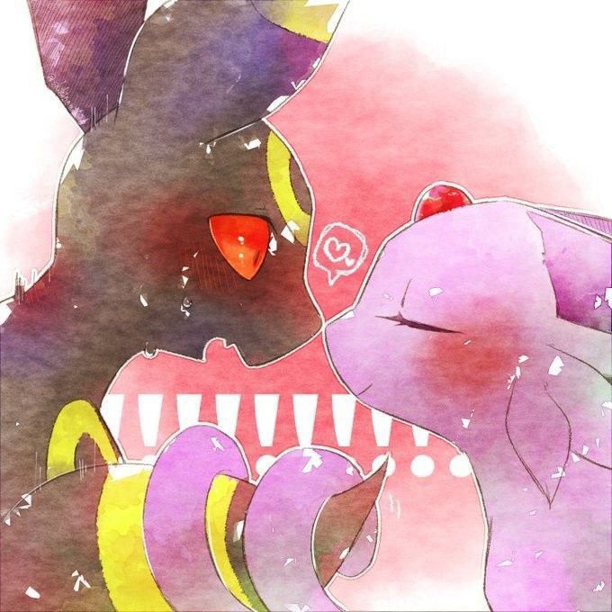 a watercolor illustration of a pokemon couple, a purple and black creature with a heart bubble above its head, and a light purple creature with its eyes closed. the purple and black creature is blushing as they look at the light purple creature. the two characters are in the middle of kissing with a white background. the illustration has a soft and romantic feel.