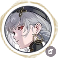 the image is a circular portrait of a young woman with grey hair and red eyes. she's wearing a darkcolored hat with a decorative knot and large, intricate earrings. her expression is serious and her gaze is directed off to the side. the art style is reminiscent of anime or manga.