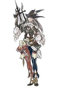a digital illustration featuring a female character design. the character, depicted in a dynamic pose, is adorned in elaborate attire suggestive of a bard or musician from a fantasy setting. the character is holding a harp. her clothing incorporates a range of textures and patterns, including flowing fabrics, belts, and intricate details. the character wears a widebrimmed hat and is positioned against a plain white background. the art style is reminiscent of concept art for video games, specifically those in the jrpg genre.
