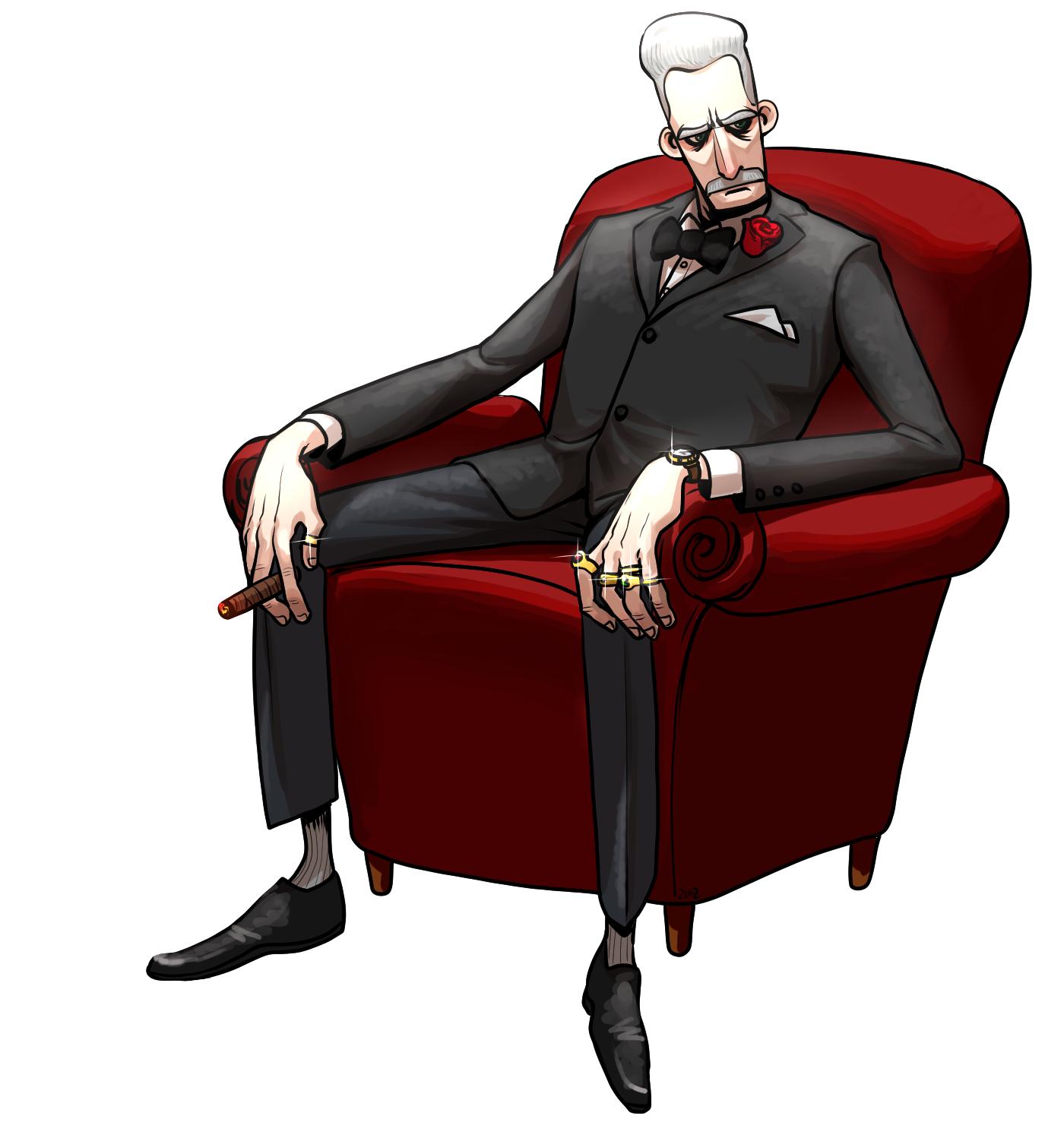 an illustration of a man wearing a black suit and a bowtie sits in a red armchair. he is holding a cigar in his right hand and has a serious expression on his face. he is wearing a watch on his left wrist and many rings on his right hand.