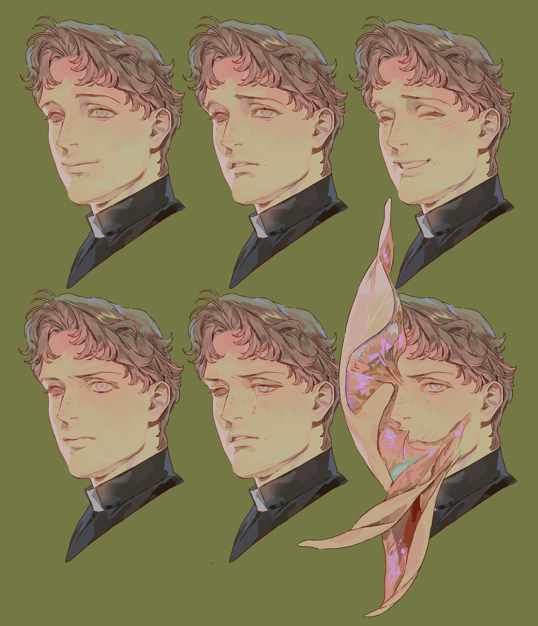 the image shows a series of portraits of a priest in an anime style, with various expressions ranging from a slight smile to deep sadness and crying. one of the portraits is more graphic, with a wound revealing the inner facial structure. the background is a muted green color.