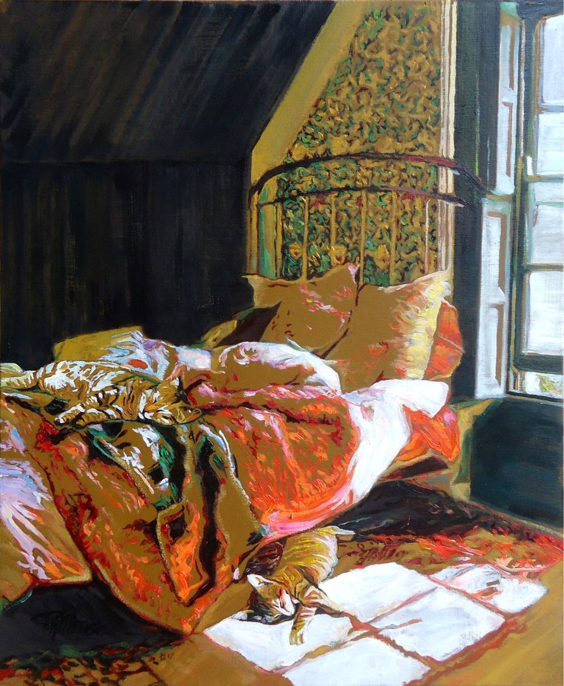 the painting depicts a cozy bedroom scene. a cat is curled up asleep on a newspaper on the floor, bathed in warm sunlight streaming in from a window. the bed is unmade with rumpled bedclothes, suggesting someone has recently been sleeping there. the walls are a dark color, contrasting with the bright light from the window. the overall atmosphere is one of peace and tranquility.