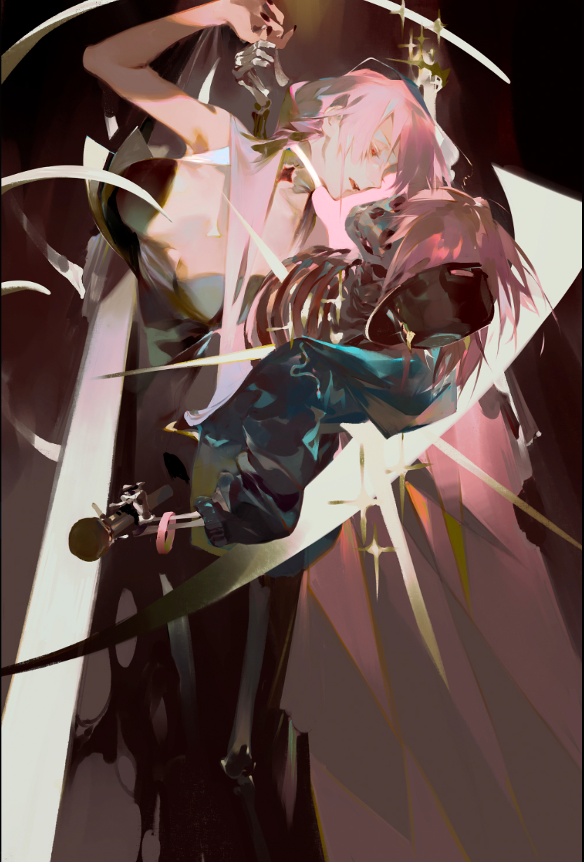 a woman with flowing pink hair, clad in a flowing white and pink dress, embraces a skeletal figure adorned with blue fabric. they are surrounded by abstract white and gold shapes, stars, and a single microphone. the lighting is dramatic, highlighting the figures against a dark background.