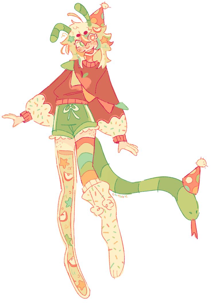 the image is a digital illustration of a whimsical character.  the character appears to be humanoid with a mix of human and animal features.  it has a fluffy, pastelcolored head with antennalike protrusions and is wearing a red sweater, green shorts, and long socks with an apple and sprinkle pattern. a party hat sits atop its head. the most striking feature is a long, green snakelike tail attached to its lower back, which also wears a smaller party hat. the overall style is cute and playful, with soft pastel colors and a loose, slightly sketchy drawing style. the character is depicted midair, suggesting a dynamic and energetic pose.