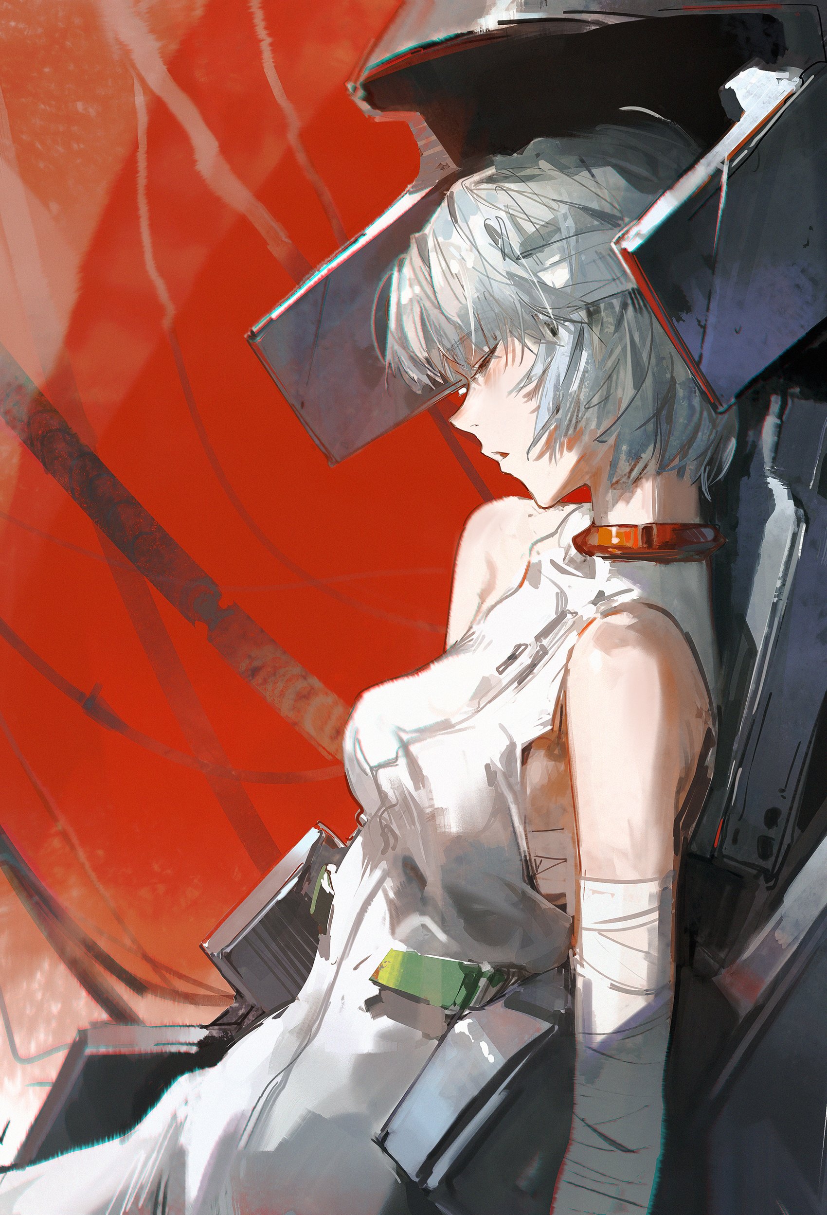 an anime girl with white hair is sitting in the cockpit of a mecha, with a red background. she is looking down, appearing sad and lonely. the mecha is a large, complex machine with sharp edges and a futuristic design. the girl is wearing a white outfit that suggests she is a pilot.