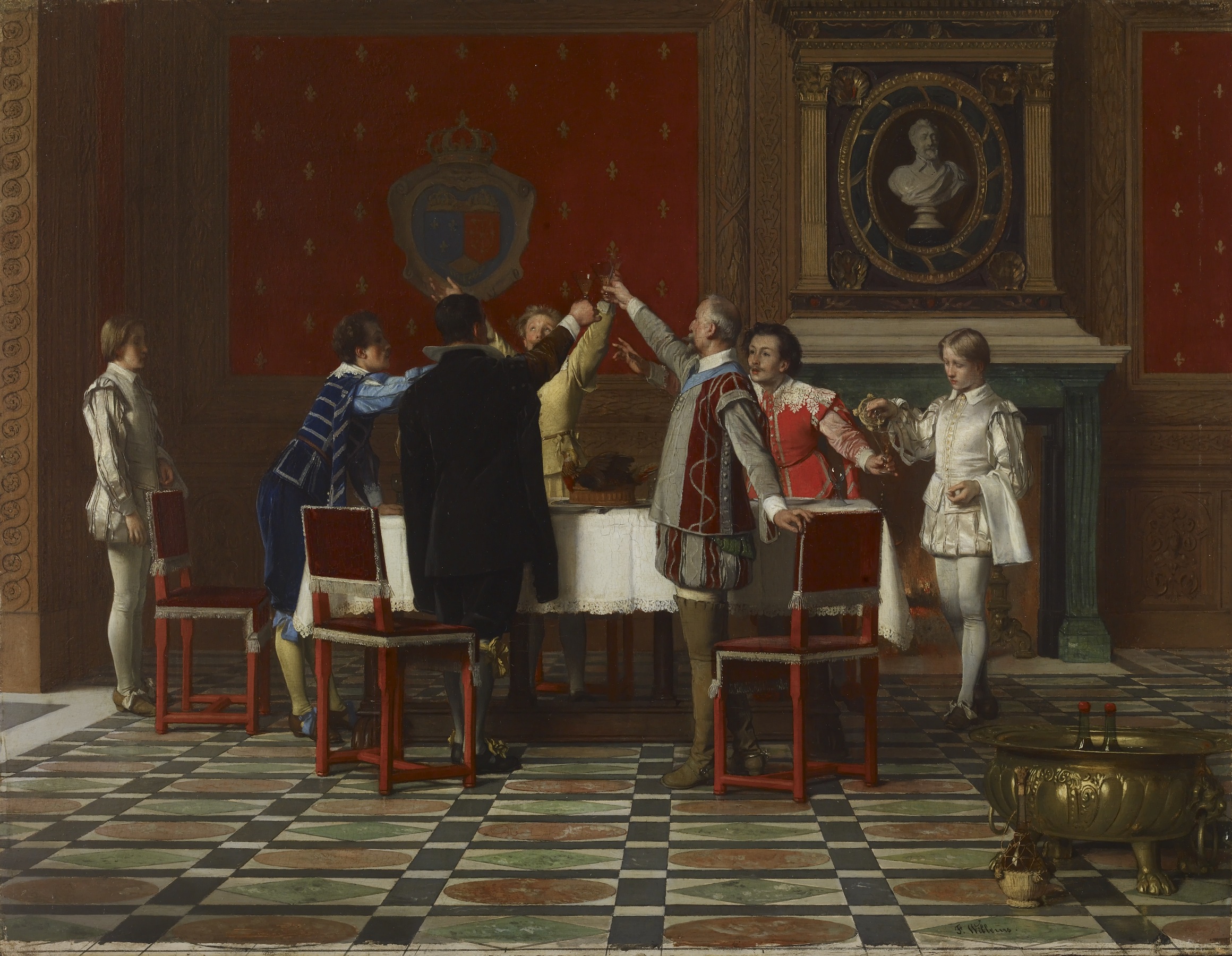a painting depicts a group of people inside a room, gathered around a table and toasting with raised glasses. most of the figures appear to be men and boys dressed in historical attire, some in red, white, and gold, while others are in darker formal wear. a crest or coat of arms adorns the wall behind them, and there is a bust displayed above a fireplace. the room features a tiled floor and several red chairs. the scene suggests a formal celebration or historical event.