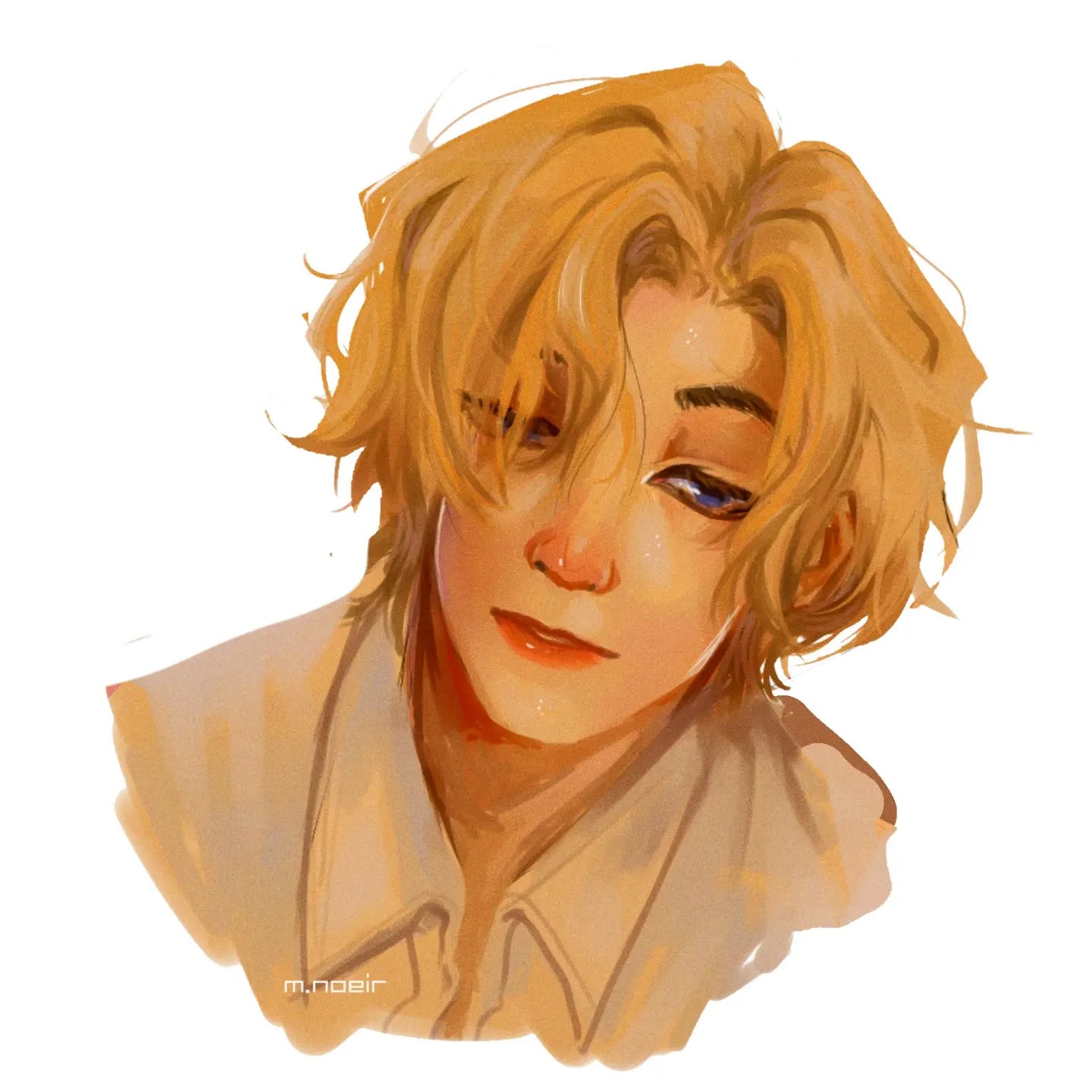 the image is a digital painting of a young man with shoulderlength, wavy blond hair. he's depicted from the chest up in a closeup portrait. his expression is soft and slightly coy, with his eyes partially hidden by his hair. he's wearing a light beige, collared shirt. the style leans towards anime or manga, with soft, warm colors dominating the palette, suggesting a "golden hour" lighting effect. the artist's signature, "m.noeir," is subtly placed in the lower left corner. the overall feel is calm and pleasant.