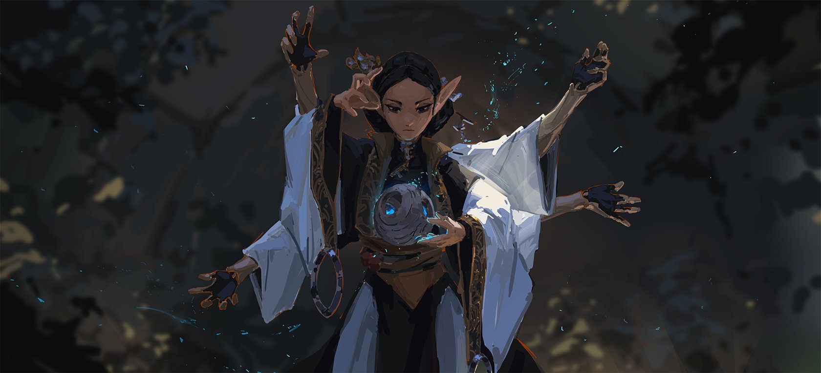 the image is a digital painting depicting a female elf sorceress. she has multiple arms, each gesturing in different directions. she is centrally positioned and holds a glowing, darkgrey orb in her primary hands. the elf is dressed in elaborate, darkcolored robes with lightercolored accents and appears to be casting a spell, indicated by the ethereal blue particles emanating from her hands and the orb.  the background is dark and moody, suggesting a mystical or enchanted forestlike setting. the overall style is painterly and evocative, lending to an air of mystery and power.