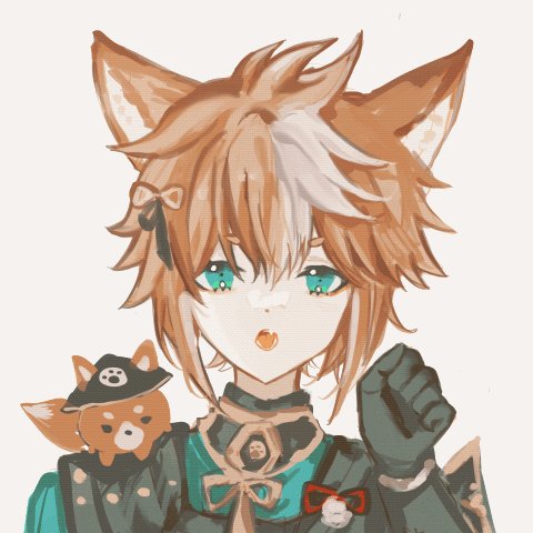 a digital art illustration of a female anime character with brown and white hair, green eyes, fox ears and tail, dressed in a black and green outfit, with a fox in her arm, smiling and looking at the viewer.