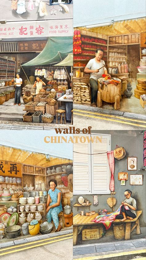 the image is a collage showcasing four different sections of a vibrant mural depicting scenes from a chinatown. each section portrays a different aspect of everyday life within a traditional chinese marketplace, from a food supply shop to a potter's stall. the artwork is highly detailed, featuring realistic depictions of people, objects, and architectural elements.  one panel shows a man working with metal, while another displays a woman sewing.  the overall style creates a nostalgic and immersive experience of a bustling, historic chinatown. the collage is labeled "walls of chinatown."