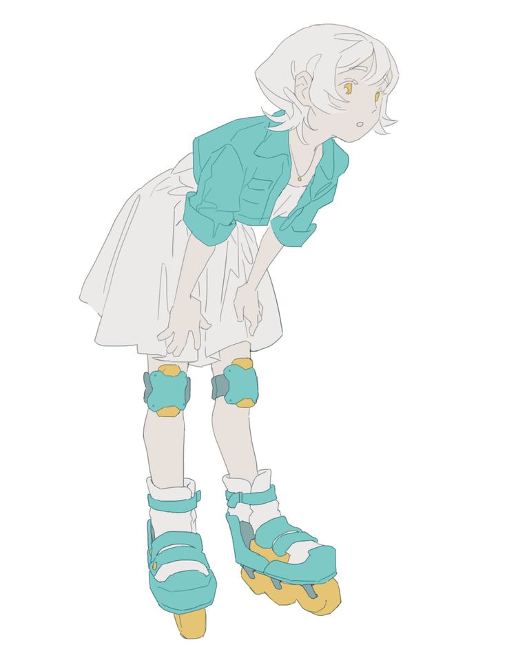 a young girl is wearing a white dress and a blue jacket, with yellow accents. she has her hair down and her eyes are closed. she's on roller skates and is looking down. the girl is in a relaxed pose, as though she's about to take a break from skating.