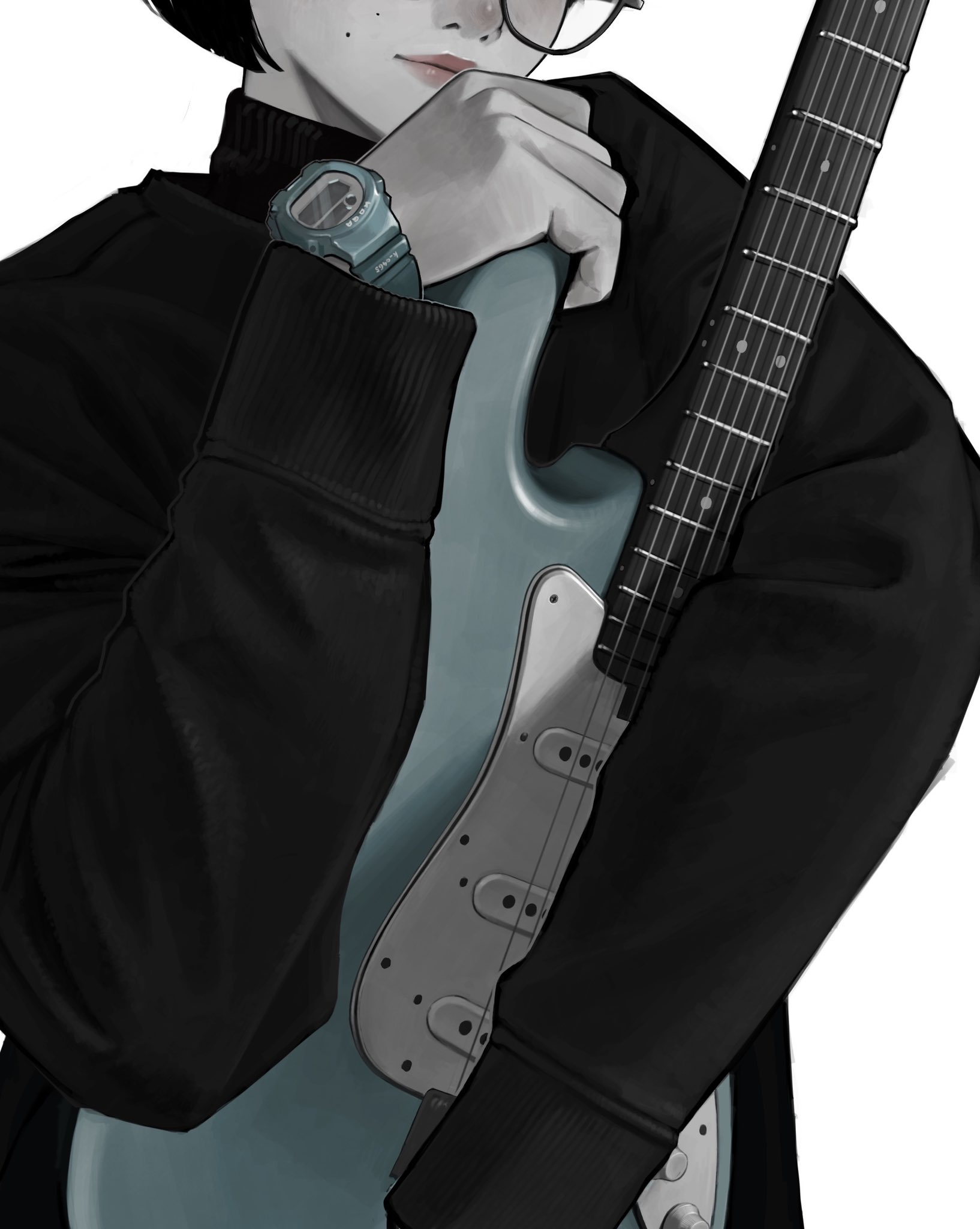 the image is a digital drawing of an animestyle girl. she has short black hair, is wearing blackrimmed glasses, a black hoodie, and a teal gshock watch. she is holding a teal electric guitar close to her body, her hand resting on her chin in a thoughtful pose. the style is minimalist and somewhat moody, with a focus on the girl's expression and the contrast between the dark clothing and the lightcolored guitar. the background is plain white, drawing focus to the subject.
