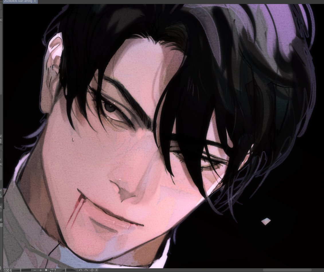 this is a digital art illustration of an anime man. he is drawn in a closeup portrait style with his eyes and smile featured prominently.  his black hair is slicked back, and it casts a shadow over half of his face.  there is a bloody stain on his chin. he is staring intently at something in the background, and his eyes are sharp. the background is a dark, shadowy color. the artist used a vibrant color palette and an intense style to create a striking and mysterious image.