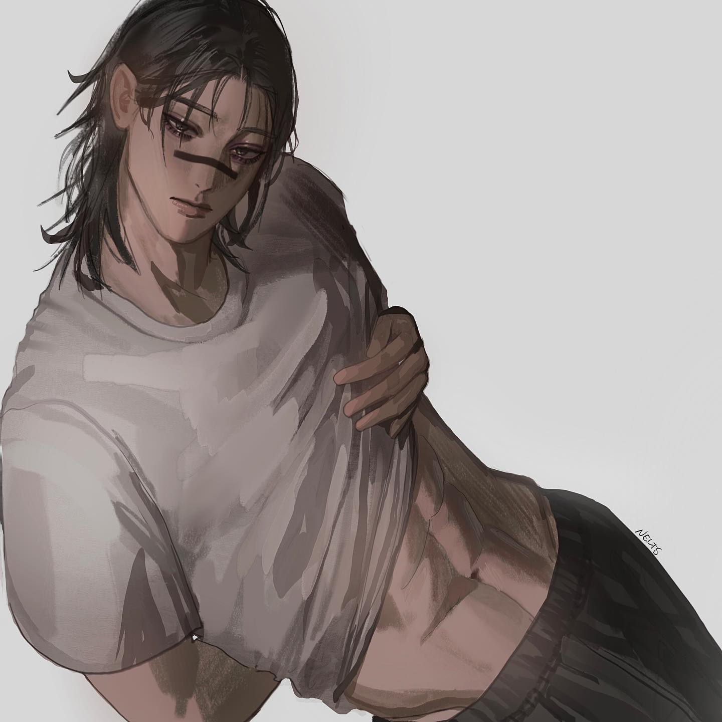 the image is a digital painting or illustration in an anime/manga style. it depicts a young, attractive male character with long dark hair and a somewhat melancholic expression. he is partially shirtless, wearing a loosefitting, light grey tshirt pulled up to reveal his toned abdomen and partially visible chest and arms.  his physique is muscular, and he has a dark mark/scar across his left eye. the art style is somewhat muted and soft, with a grey background that enhances the character's features. the overall mood is one of subtle sensuality and subdued intensity. the artist's signature "nects" is faintly visible in the lower right corner.