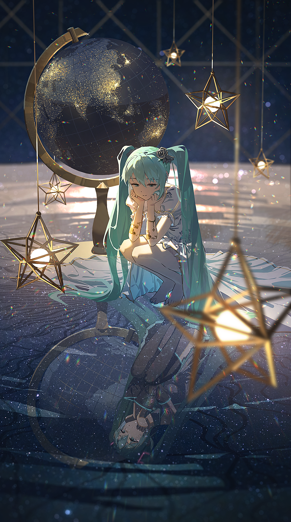 the image is a digital artwork depicting hatsune miku, a popular anime character, sitting in a contemplative pose beside a globe. she has long teal hair and is wearing a lightcolored dress.  the setting is fantastical, with numerous golden starshaped lights hanging from the ceiling and reflecting in a pool of water on the floor. miku's reflection is clearly visible in the water, mirroring her pose and surroundings.  the overall mood is peaceful and serene. the artwork is detailed and highly polished.