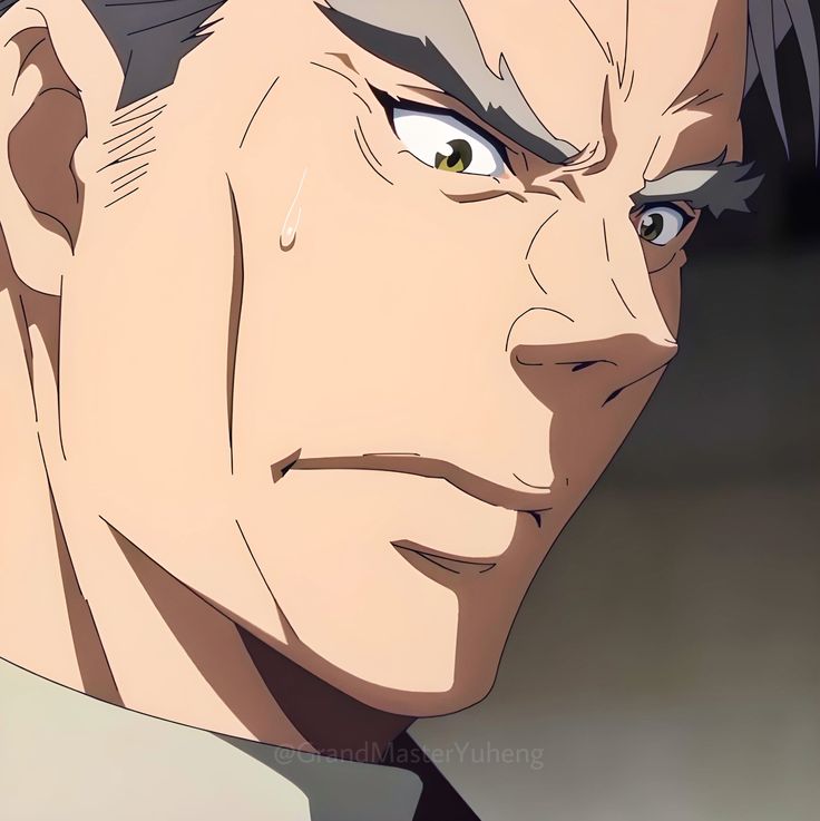 an illustration of a man with grey hair and wrinkles on his face. he seems to be worried and there's sweat running down his face.  the color palette and style indicates this might be from an anime.