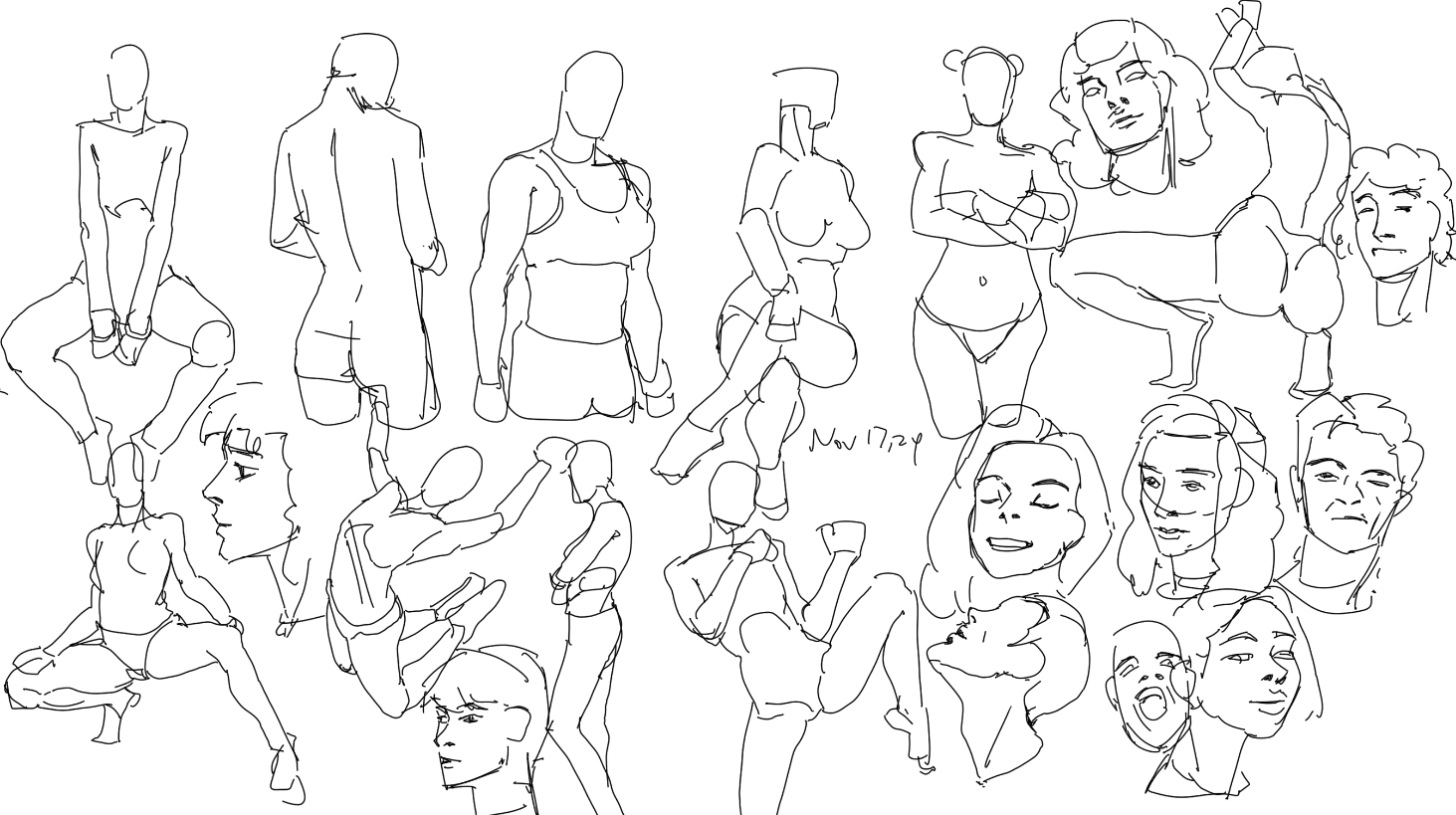 he image contains a collection of quick sketches of multiple female figures in various poses and actions. the style is loose and expressive, focusing on capturing movement and gesture rather than precise detail. the drawings range from fullbody poses to closeups of heads and faces.  some figures appear athletic or engaged in activities like boxing or martial arts, while others are shown in more relaxed or contemplative postures. the sketches are rendered in black ink line work on a white background, with a handwritten date visible near the center.  the overall impression is one of dynamism and energy.