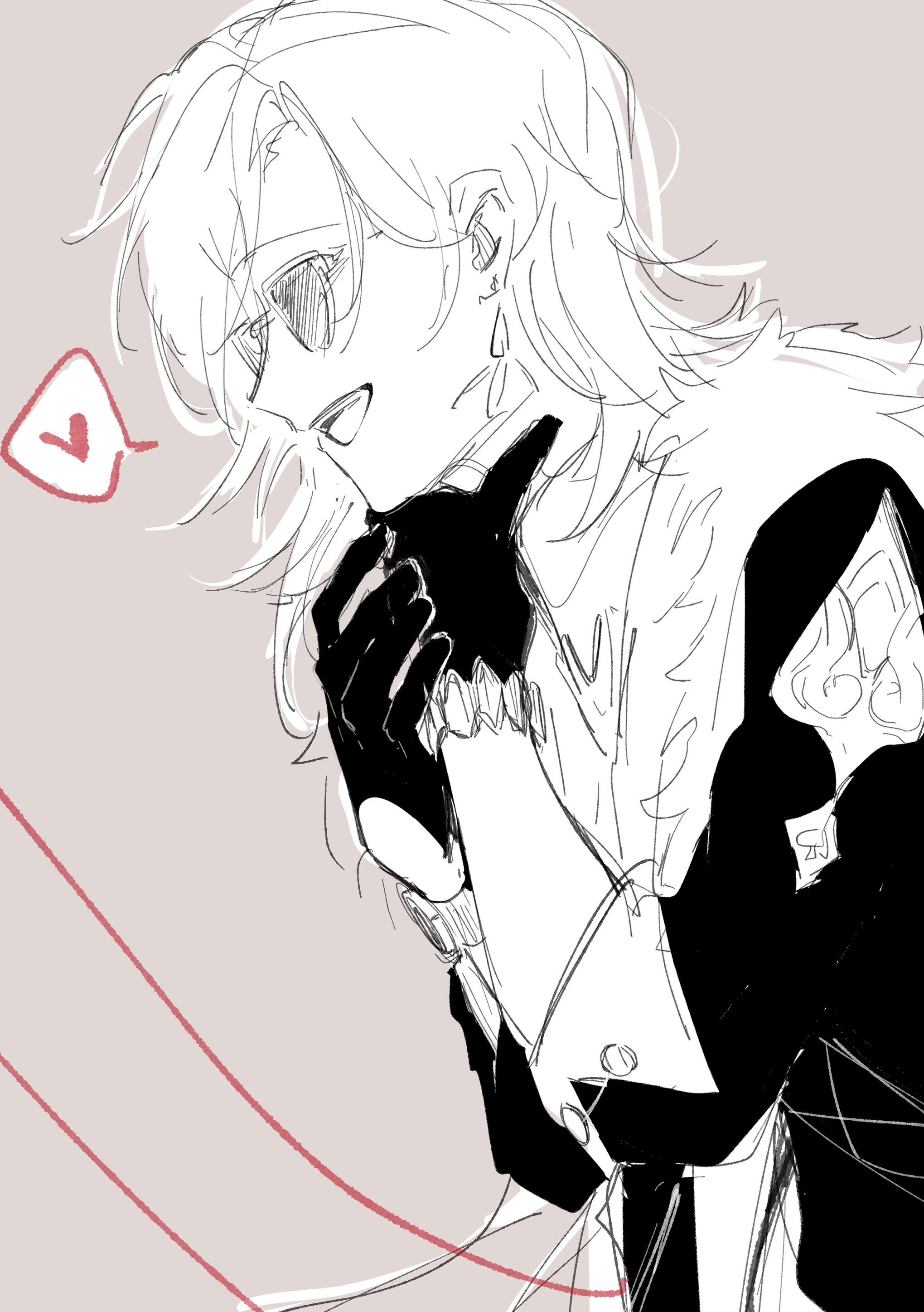 a sketch of a male anime character with a serious expression, wearing sunglasses, an earring, and gloves. he looks very stylish and cool. the background is a simple grey and white color, creating a sense of mystery around the character. the drawing is wellexecuted and portrays the character's confident and mysterious persona.