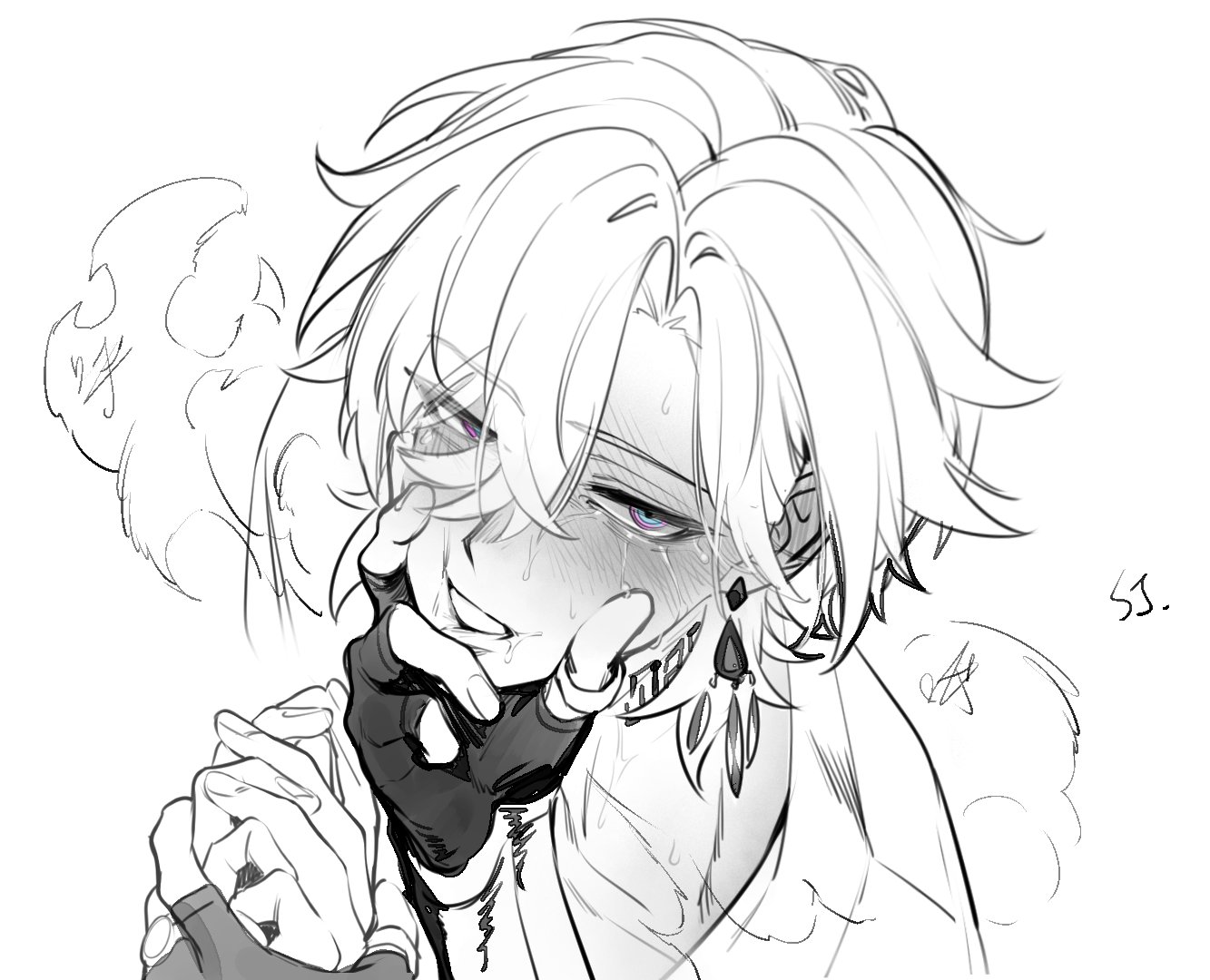 the image is a black and white sketch or drawing of an animestyle male character. he has long, white hair, purple eyes, and is shown with a blush and sweat on his face, suggesting he is feeling pleased or satisfied. he is wearing gloves and what looks like a jacket. the style is suggestive, with a focus on his expression and pose. the overall style is suggestive but not overtly sexual.  the background is mostly empty, with a few sketchy cloudlike shapes suggesting steam or smoke.  there is a signature "sj." in the corner.