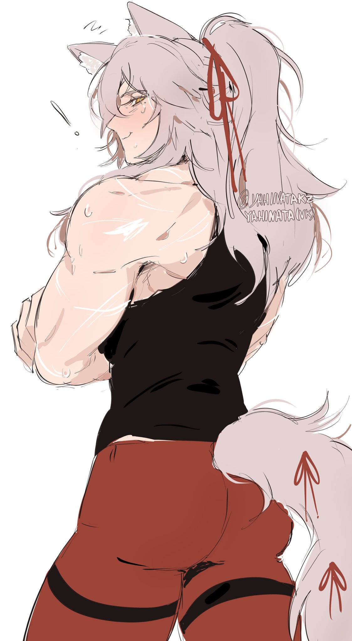 a muscular, animestyle girl with a wolf tail is wearing a black tank top and red pants. she has white hair and is blushing. she is sweating and her hair is tied back with a red ribbon.