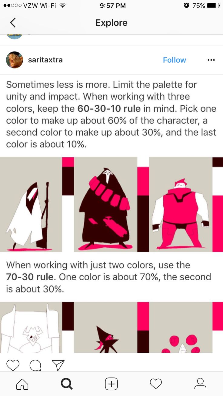 the image is a guide on using color theory in design. it shows examples of characters using the 603010 and 7030 rule for palette selection. the text explains the rules and how to apply them for creating visually appealing artwork. the image showcases the concepts of unity, impact, and balance in color use.