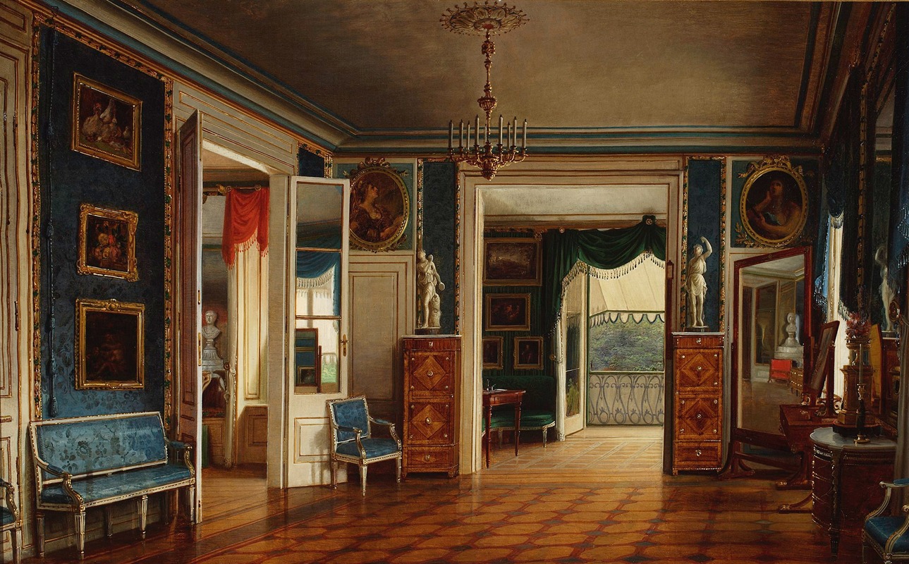 this is a painting depicting an ornate interior of a room. the room features blue and gold walls, multiple paintings hanging on the walls, and a chandelier hanging from the ceiling. there are doorways leading to other rooms, each with different colored curtains. furniture is arranged throughout the room, including a sofa, chairs, cabinets, and a table with a mirror. there are also sculptures placed atop the cabinets. the floor is made of parquet. the painting captures a scene of wealth and luxury from an earlier era.