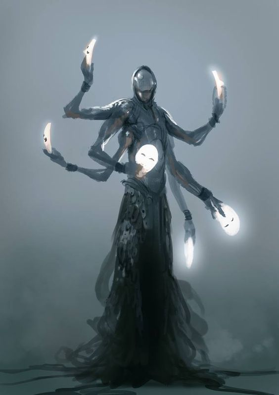 a dark and mystical humanoid creature with multiple arms and a mask stands in a foggy environment. they are dressed in a long dark robe and hold several masks in their hands, alluding to a sense of mystery and otherworldliness. the artwork is surreal and evocative, capturing the essence of a fantastical being with a haunting presence.