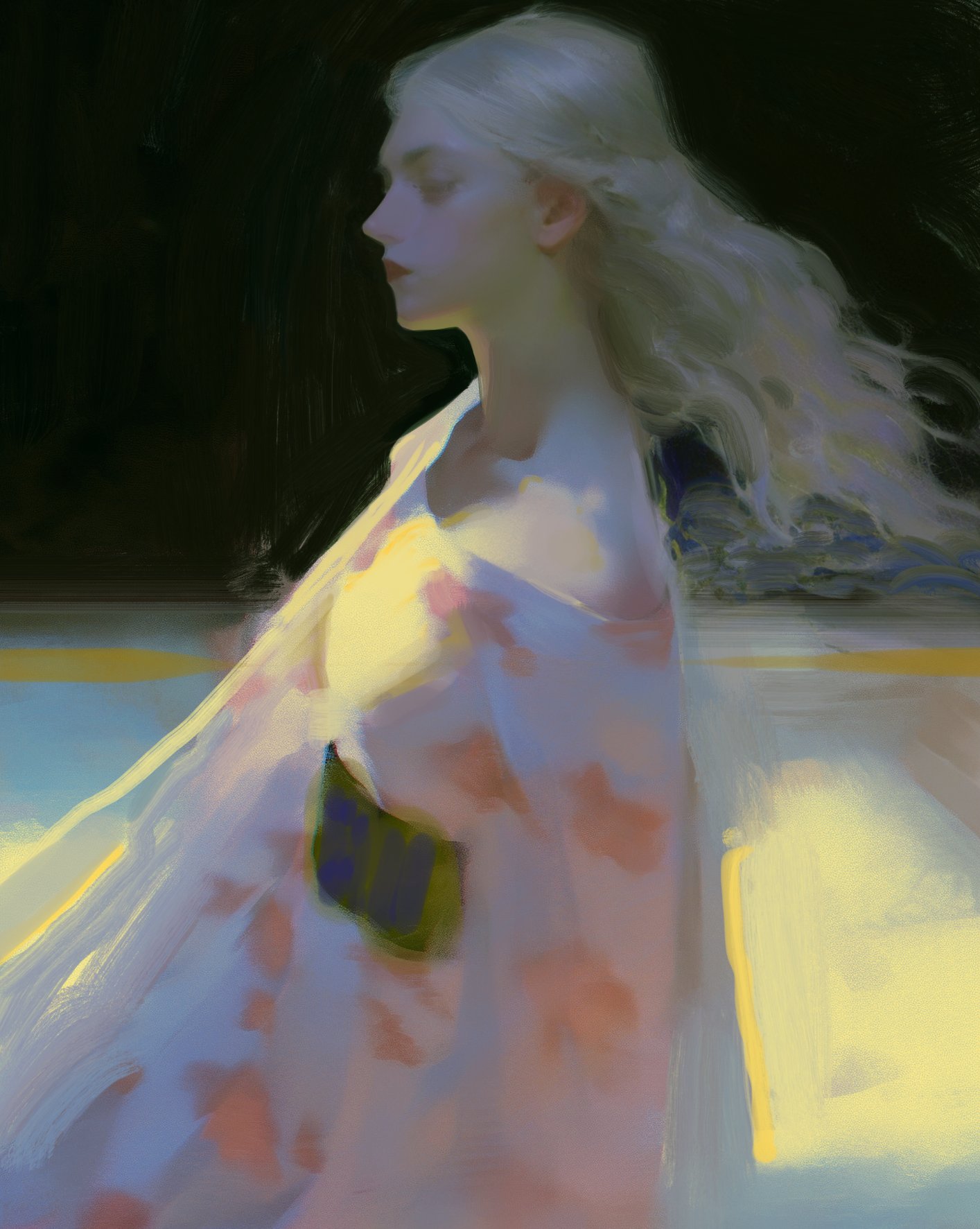 a digital painting of a woman with blonde hair wearing a robe, in a dreamy and soft style. her expression appears melancholy and wistful. the woman's features are depicted with subtle detail and the background is a blurry, abstract wash of colors.  the overall mood is one of ethereal beauty and gentle sadness.