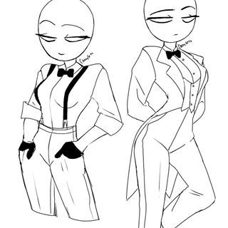 this black and white illustration features two cartoon characters, both female with round heads. the one on the left is wearing a tuxedo and suspenders, while the one on the right is wearing a tuxedo dress with a long tail. they are both standing and have similar expressions. the art style is simple and minimalist, with outlines and minimal details.