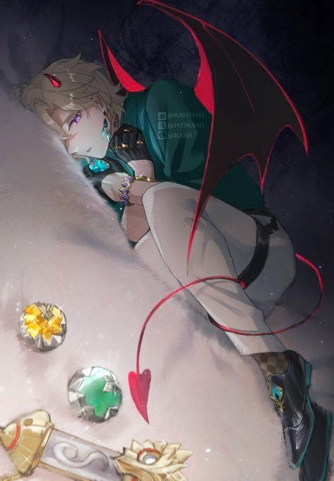 the image is a digital fanart depicting a young animestyle male character with devilish features. he has blond hair, small horns, and a long, heartshaped red tail. he's wearing a teal jacket, white pants, black shoes with checkered socks, and various pieces of jewelry including several gems. he appears to be sleeping or resting peacefully while cuddling on a large, fluffy, lightcolored object, possibly a cloud or large animal. the background is dark and mysterious, enhancing the fantasy and mystical elements of the artwork. the overall style is detailed and elegant, with a focus on soft colors and textures.
